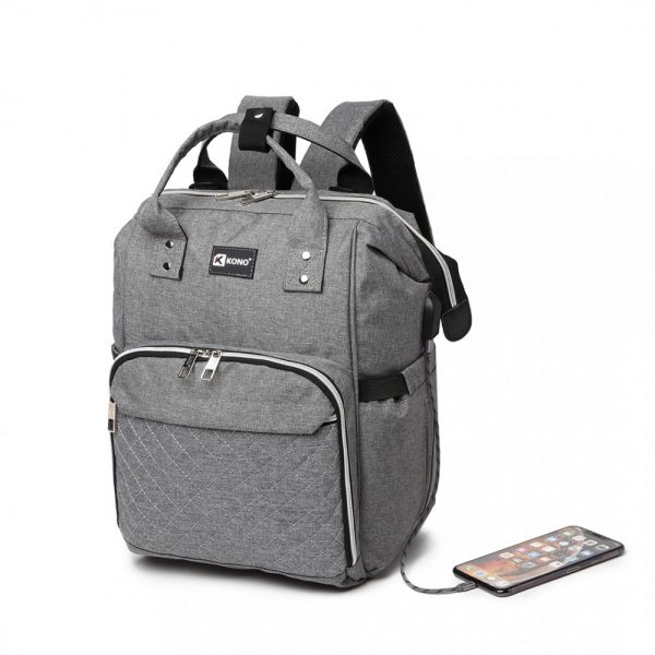 large baby changing backpack with usb connectivity, grey