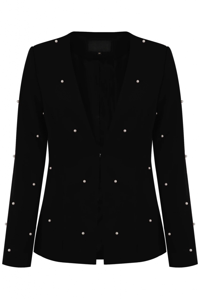 Black Pearls Tailored Blazer lapel less with front and body pearl trims