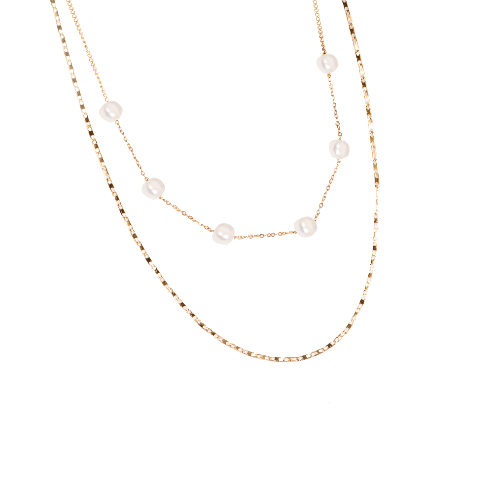 14K Gold plated Necklace - Freshwater Pearl Two Layers 14K Gold plated