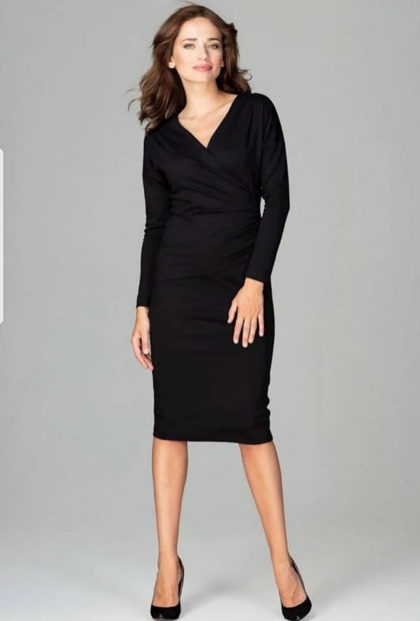 Black Long Sleeves Midi wrap dress with V-Neckline and under the bust ruffle.