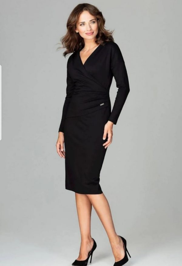 Black Long Sleeves Midi wrap dress with V-Neckline and under the bust ruffle.