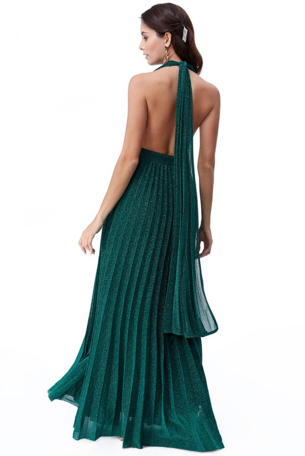 Deep V Neck Lurex Maxi Dress in Emerald