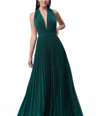 Deep V Neck Lurex Maxi Dress in Emerald