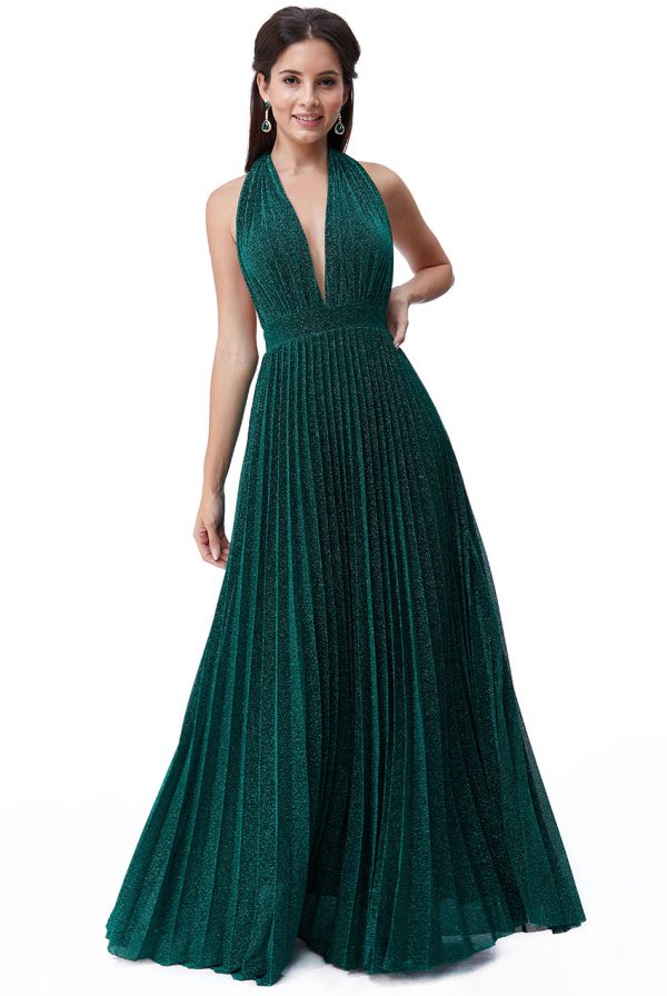 Deep V Neck Lurex Maxi Dress in Emerald