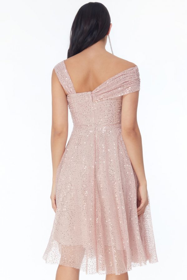 One Shoulder Bardox Sequin and mesh midi Dress in Blush