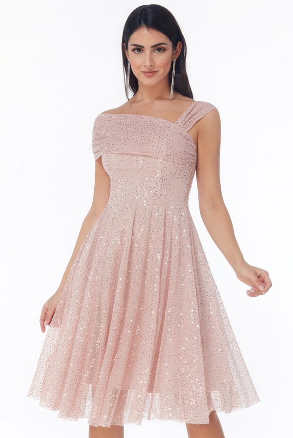 One Shoulder Bardox Sequin and mesh midi Dress in Blush