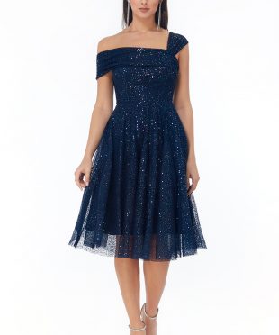 One Shoulder Bardox Sequine and mesh midi Dress in Navy