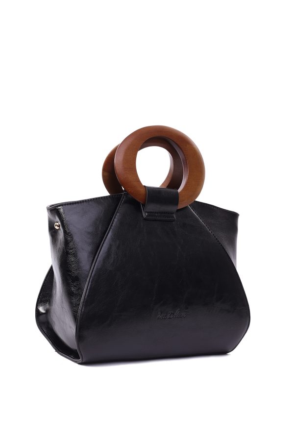 Hoop handle leather-look handbag for women. Shop Udara London Black large ladies wooden handle, zip closure, office, occasion handbag.