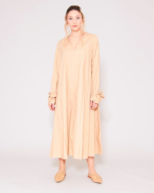 Long loose fit cotton dress with v-neck