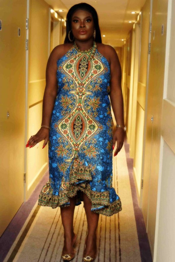 Halter Neck Dashiki dress. Tie Back Plus-size Dashiki dress in Blue, African Wax Print. 
