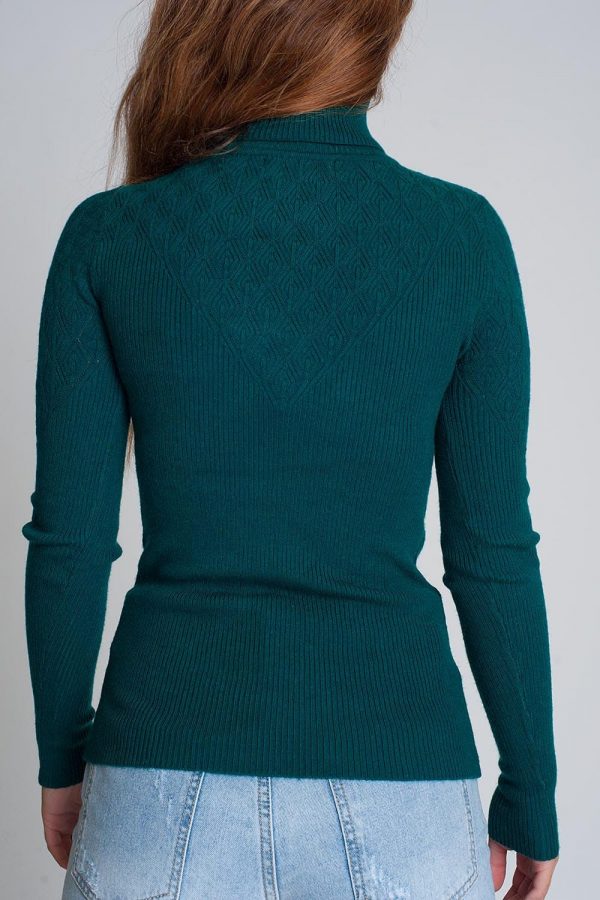 Soft Knitted Turtleneck Fitted Sweater In Green.