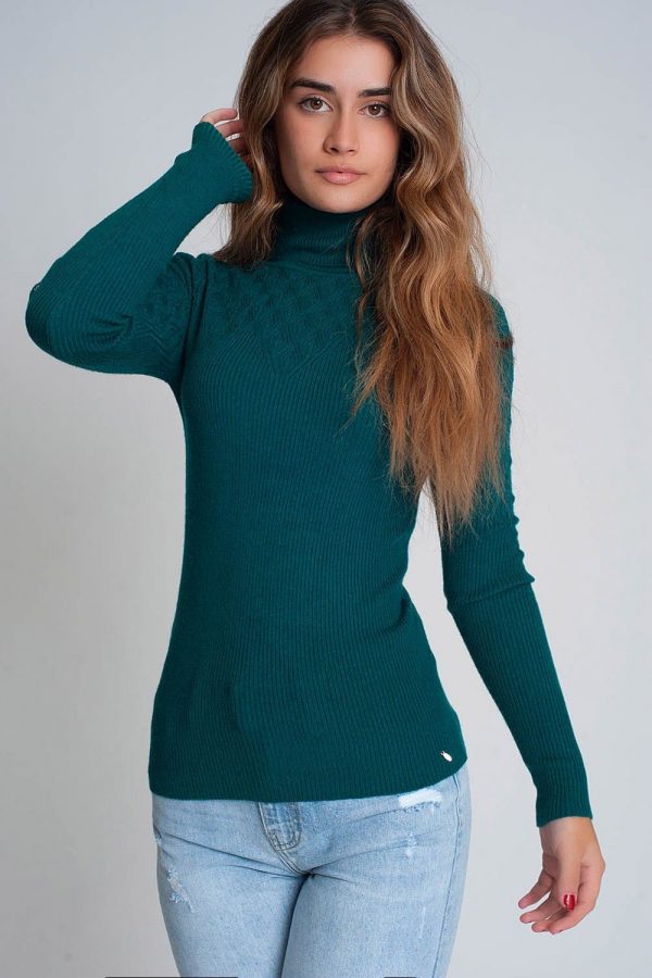 Soft Knitted Turtleneck Fitted Sweater In Green.