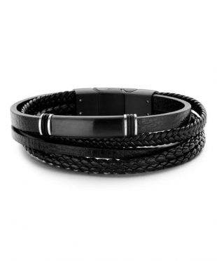 BLACK LEATHER MULTI-LAYER BRACELET WITH STAINLESS STEEL